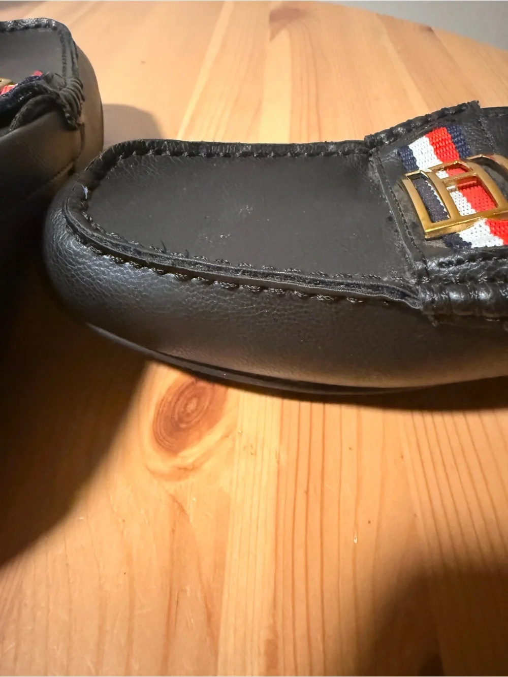 Tommy Hilfiger Black Faux Le Loafers with Red-White-Blue Ribbon and Gold Buckle